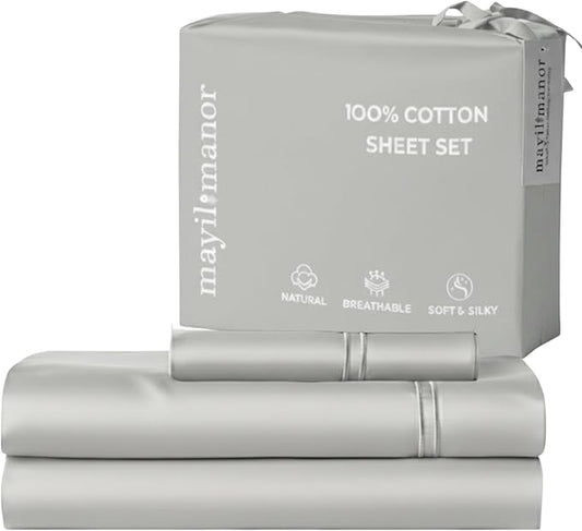 100% Natural Cotton Bed Sheets | 500 TC Single-Ply Sateen Weave Twin Sheets Set by MayilManor