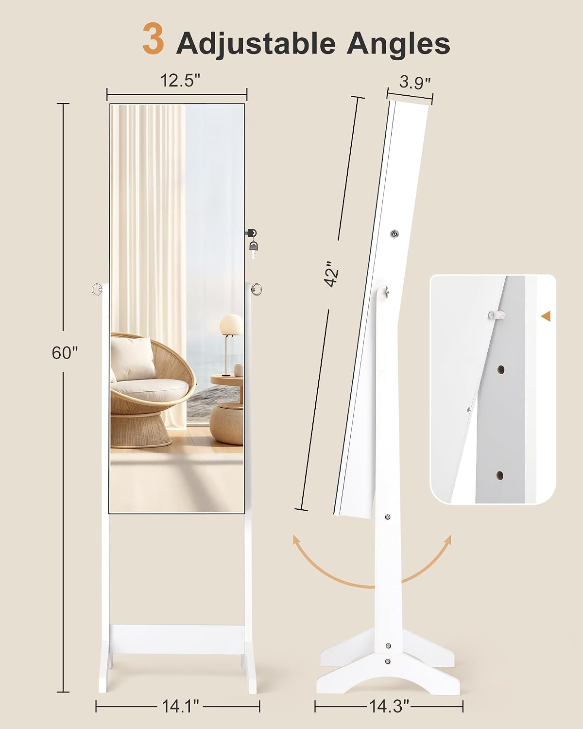 nicetree freestanding jewelry cabinet, full length mirror, moon, side view