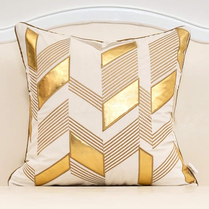 Alerfa 20 x 20 Inches White Geometric Gold Leather Striped Cushion Cases by Alerfa