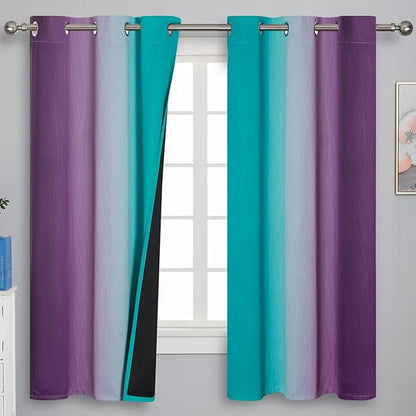 Teal and Purple Gradient Curtains 63 Inch Length 2 panels, Ombre and Wavy Line by ESTELARTEXTILER