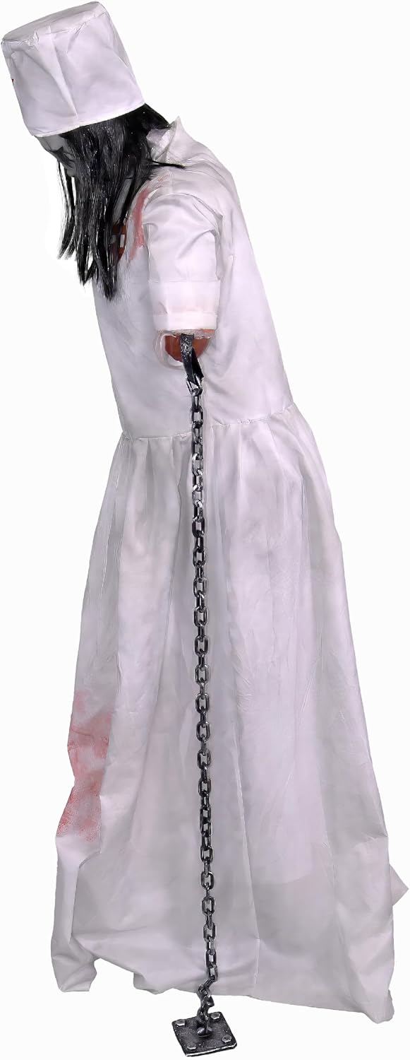 Haunted Hill Farm Life-Size 5.2-Ft Animatronic Convulsing Nurse by Tekky Halloween Decoration with Motion-Activated Sounds