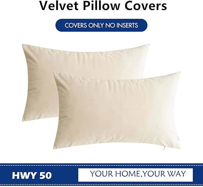 HWY 50 Cream White Velvet Rectangular Throw Pillow Covers 12x20 Inch - Image 6