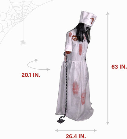 Haunted Hill Farm Life-Size 5.2-Ft Animatronic Convulsing Nurse by Tekky Halloween Decoration with Motion-Activated Sounds