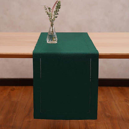 Home Ekaa Green Cotton Linen Table Runner 120 Inch – Washable Hemstitch - Image 3