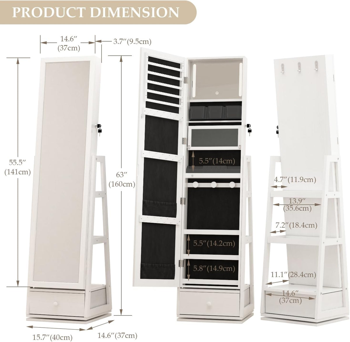 rotatable full length mirror jewelry cabinet standing with, package contents