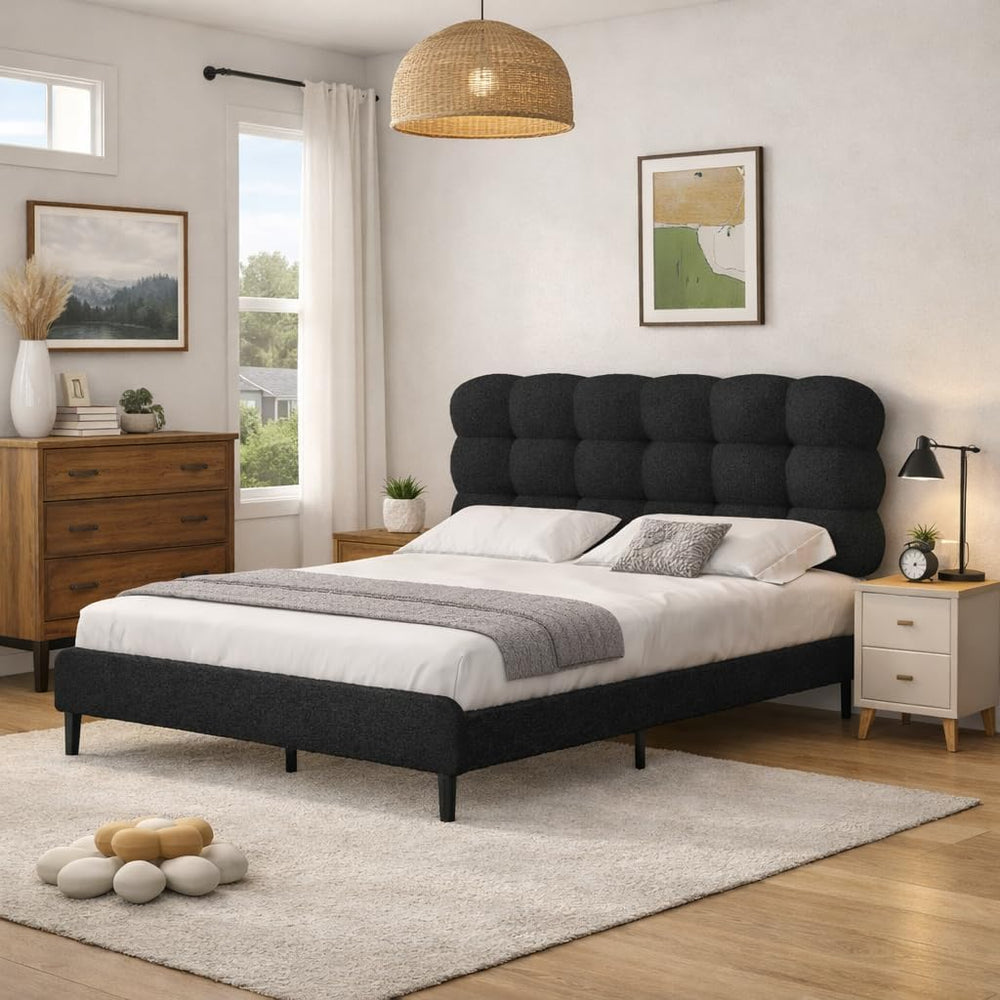 BarnFurin Queen Bed Frame, Soft Teddy Cloud Boucle Headboard, Black