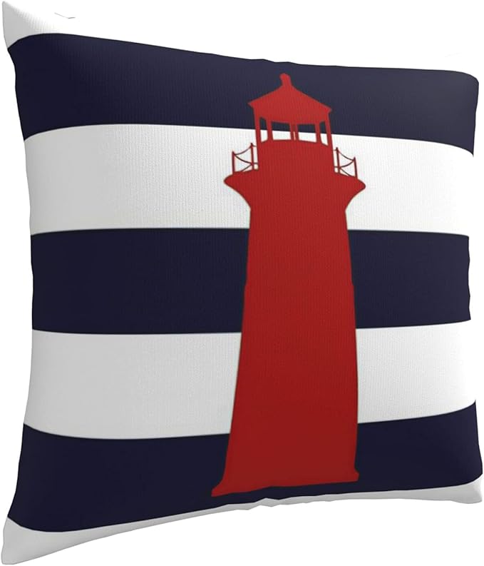 Myshe Square Nautical Red Lighthouse On Navy Blue Stripes Throw Pillow Cover - Image 2