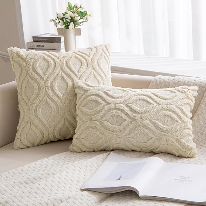 MIULEE Beige Throw Pillow Covers 12x20 Inch, Neutral Soft Plush Faux Wool Solid - Image 4