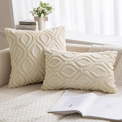MIULEE Beige Throw Pillow Covers 12x20 Inch, Neutral Soft Plush Faux Wool Solid - Image 4
