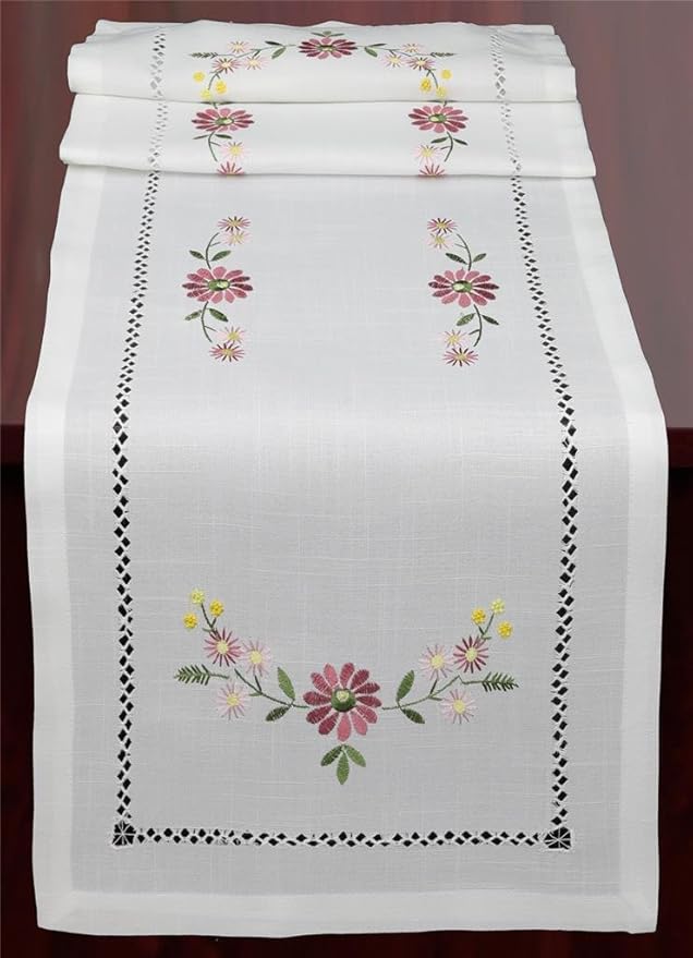 Creative Linens Hemstitched Embroidered Daisy Flower Table Runner 15x70 Dresser by Creative+Linens