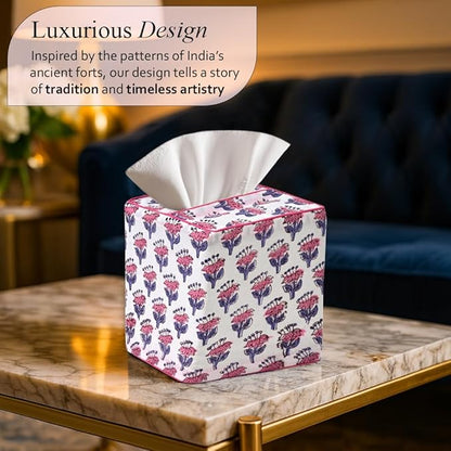CPC Pink Sapphire Hand Block Printed Cotton Tissue Box Cover 5" x 5" x 5.5" - Image 2