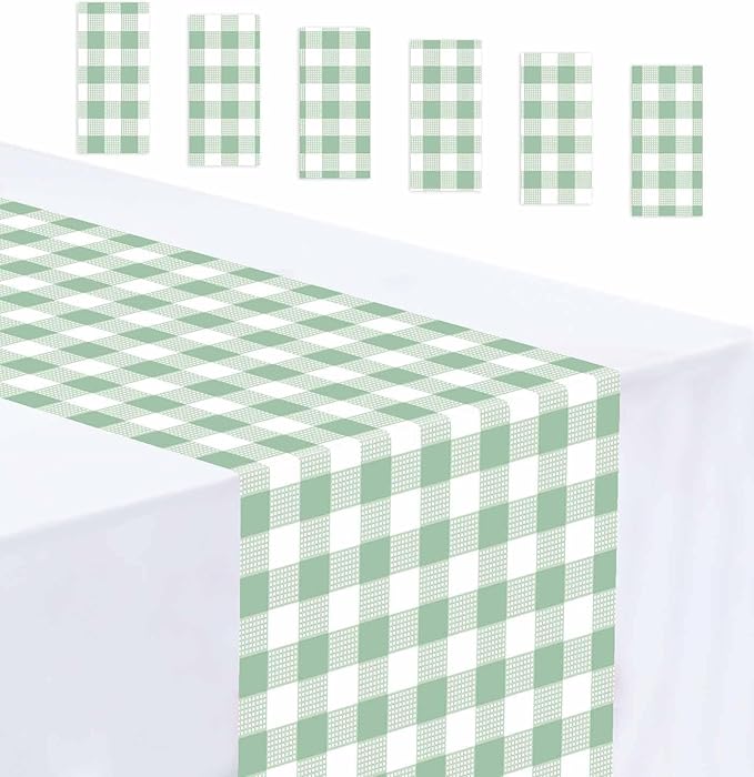 6 Pcs Sage Green and White Checkered Table Runner Plastic 14 x 108 Disposable by MUNILAIL