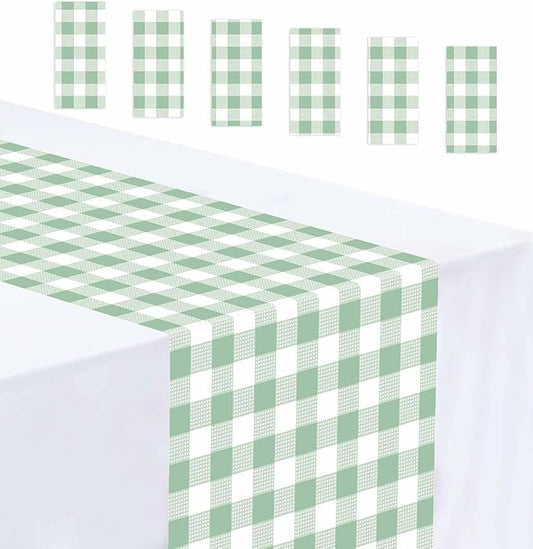 6 Pcs Sage Green and White Checkered Table Runner Plastic 14 x 108 Disposable by MUNILAIL