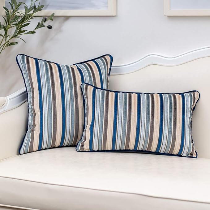 Yangest Blue Striped Throw Pillow Cover Multicolor Velvet Cushion Cover Modern - Image 4
