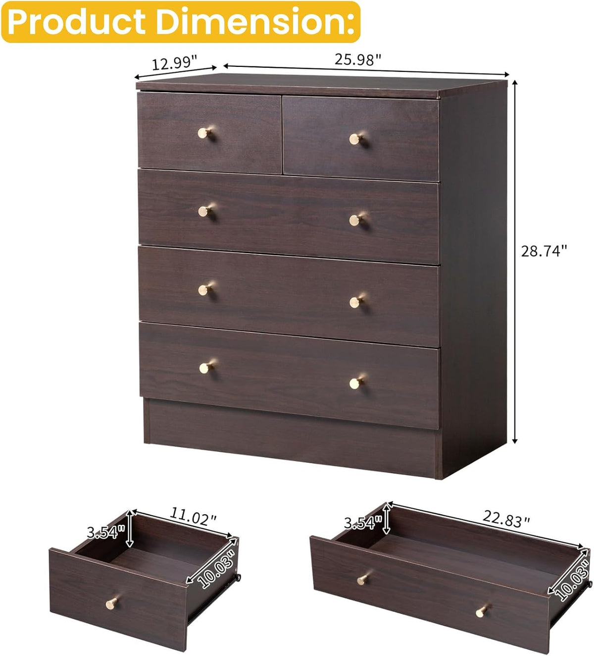 karl home brown 5 drawer dresser, rose gold, close-up detail