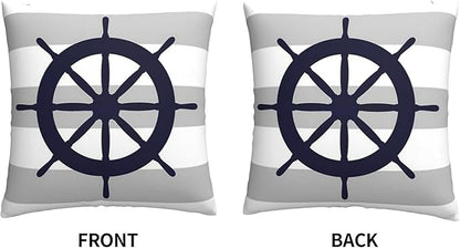 Myshe Square Nautical Navy Blue Ship's Steering Wheel On Silver Gray Stripes - Image 3