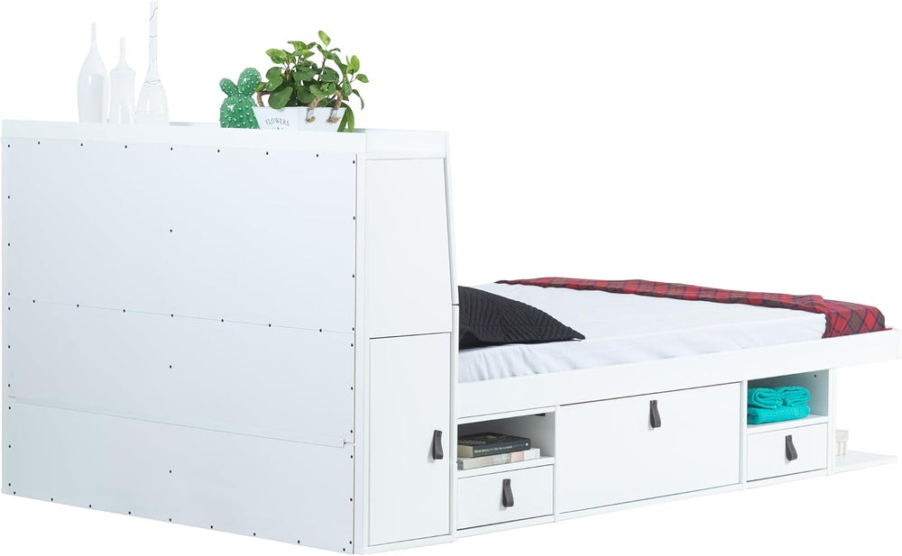 memomad Bali Chest Set: Bed + Storage Headboard, Queen Size, Matte White