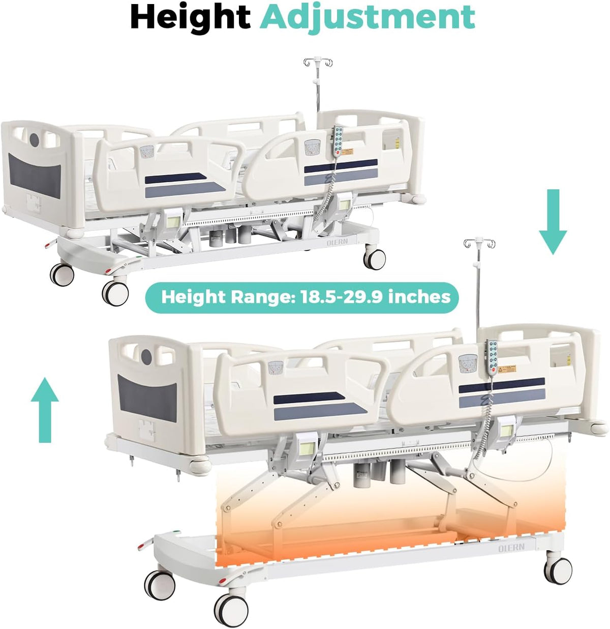 premium 5 function full electric hospital bed,icu medical showing dimensions