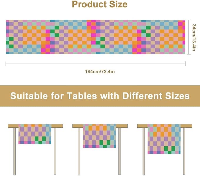 Retro Checkered Table Runner, Bright Rainbow Colorful Modern Groovy Aesthetic - Image 7