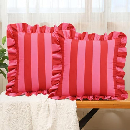 vctops Ruffle Square Throw Pillow Covers Boho Pink and Red Striped Decorative by vctops