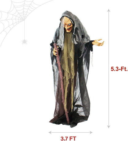 Haunted Hill Farm Life-Size Scary Poseable Talking Witch, Halloween Animatronic with Touch Activated Lights and Sound, Battery Operated Indoor or Covered Outdoor Halloween Decorations, Halloween Prop