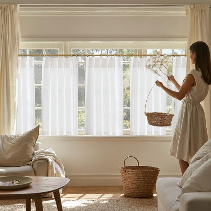 jinchan Linen Pinch Pleated Kitchen Curtains 36 Inch 2 Panels, Natural Linen - Image 3