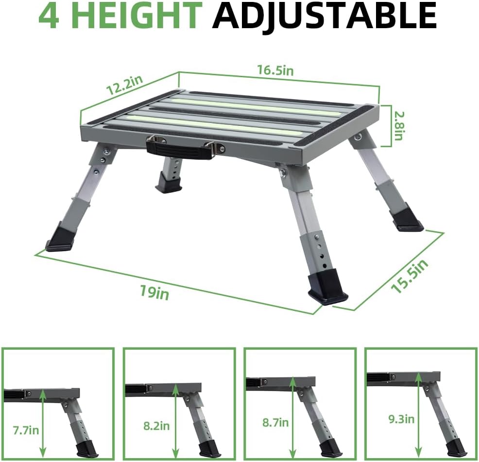 Homeon Wheels Adjustable RV Step Stool, Iron, Reflective Strips, Gray