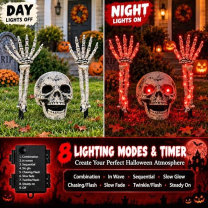 Halloween Skeleton Decorations Outdoor, Light Up Skull Head & Skeleton Hands Stake Lights with Red LED, Battery Operated Halloween Yard Decor for Lawn, Garden, Graveyard, Haunted House & Party