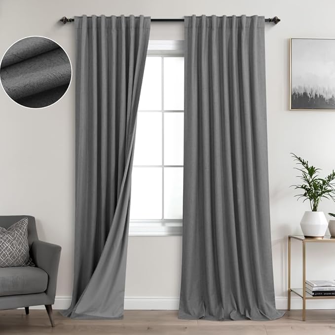 KOUFALL Grey Curtains 132 Inches Long Blackout Linen Back Tab Black Out Pleated by KOUFALL
