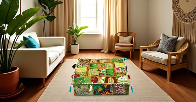 CRAFT KALA Indian Square Patchwork Traditional Pouf Cover Indian Living Room - Image 3