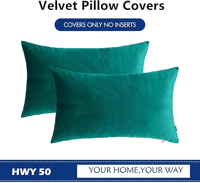 HWY 50 Teal Velvet Rectangular Throw Pillow Covers 12x20 Inch - Image 6
