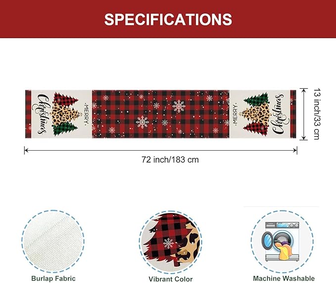 Christmas Tree Table Runner 13x72 Inch Buffalo Plaid Xmas Pine Trees Merry - Image 6