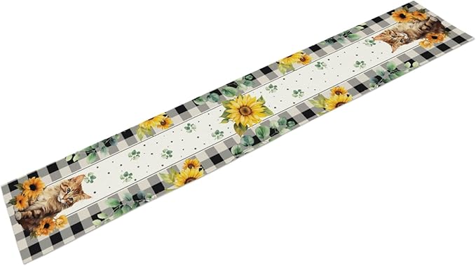 Cat and Sunflower Table Runner, Linen Farmhouse Table Cloth Decor, Table Runner - Image 2