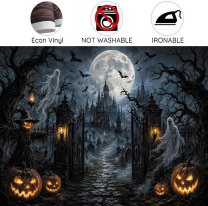 Halloween Graveyard Castle Backdrop 10x8ft, Spooky Ghost Pumpkin Gothic Haunted House Photography Background, Full Moon Night Bat Scarecrow Banner, Horror Halloween Party Decor Photo Booth Props