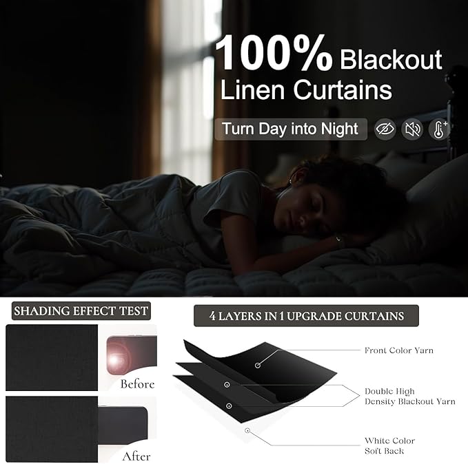 54 Inch Curtains Length 2 Panels Set 100% Blackout Modern Black Out Linen Drapes - Image 4