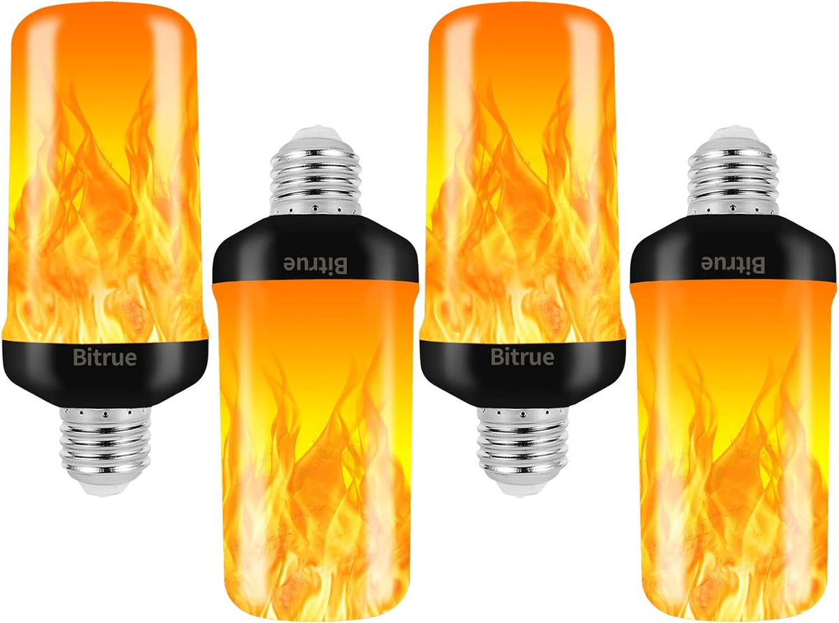 Bitrue LED Flame Effect Light Bulb, 4 Modes Flame Light Bulbs, E26 Base Fire Light Bulb with Gravity Sensor,Flickering Light Bulbs Halloween Home Party(4 Pack)