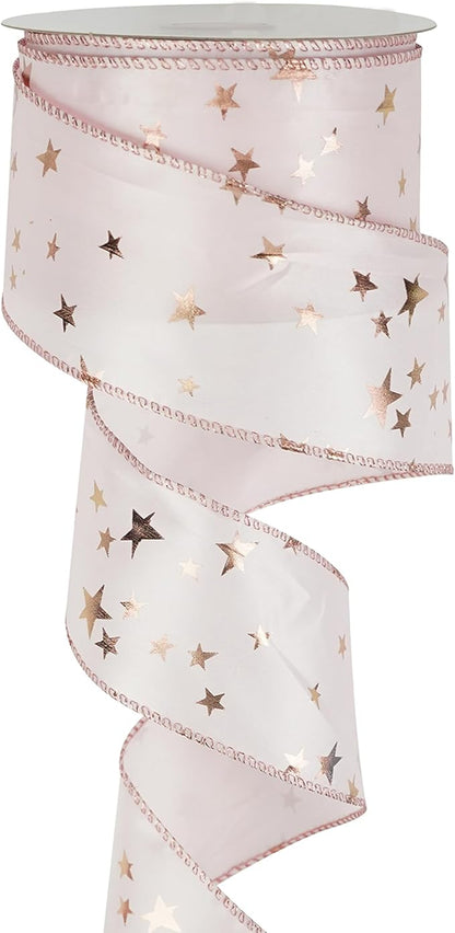 MEEDEE Pink Star Wired Ribbon 2.5 Inch Rose Gold Star Ribbon Wired 25 Yards by MEEDEE