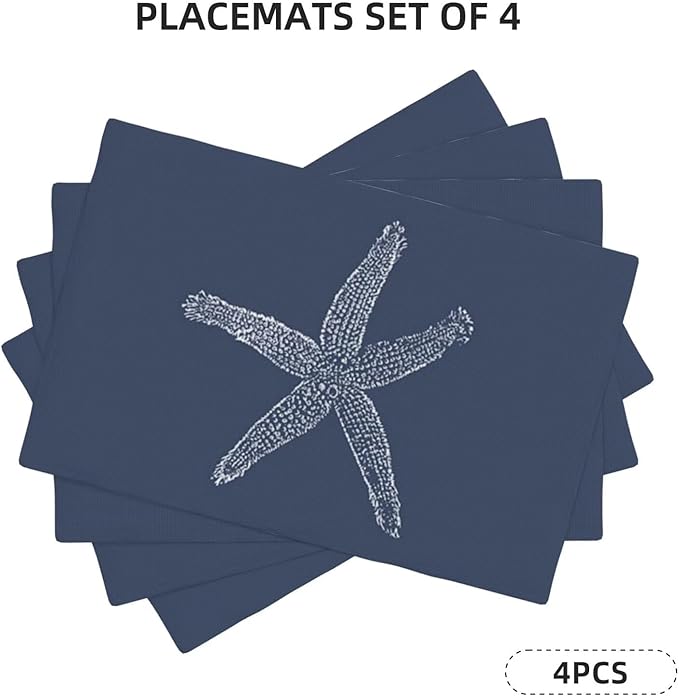 Summer Coastal Placemats Set of 4, Beach Theme Ocean Navy Blue Starfish - Image 2