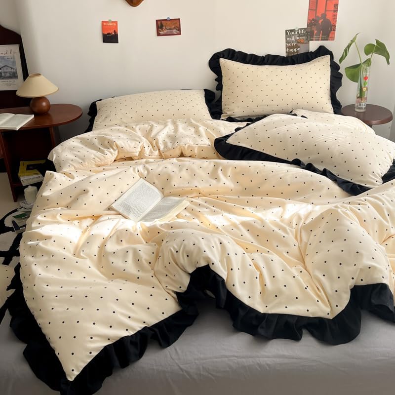 INFLAG Ruffle Duvet Cover 100% Washed Cotton Vintage Bow Duvet Cover with Zipper Ties, Soft Farmhouse Flower Bedding Set (02,Full/Queen 80"x90")