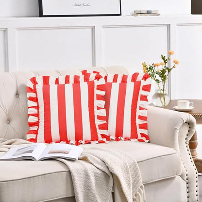 vctops Ruffle Square Throw Pillow Covers Boho Red and White Striped Decorative - Image 2