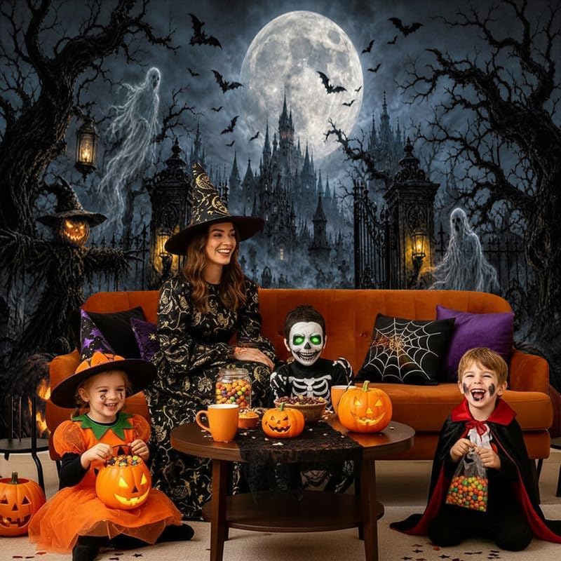 Halloween Graveyard Castle Backdrop 10x8ft, Spooky Ghost Pumpkin Gothic Haunted House Photography Background, Full Moon Night Bat Scarecrow Banner, Horror Halloween Party Decor Photo Booth Props