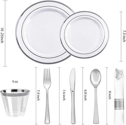 BESTVIP 700PCS Silver Plastic Dinnerware Set for 100 Guests, Disposable Plates for Party, Include: 200 Plastic Plates, 100 Pre Rolled Napkins with Silver Silverware, 100 Cups for Christmas, Halloween