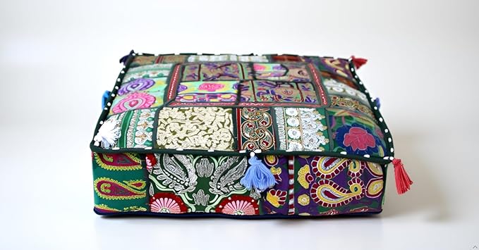 CRAFT KALA Indian Square Patchwork Traditional Pouf Cover Indian Living Room by CRAFTKALA