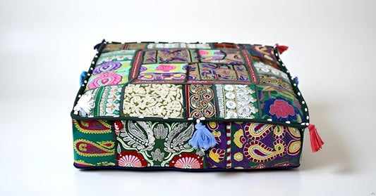 CRAFT KALA Indian Square Patchwork Traditional Pouf Cover Indian Living Room by CRAFTKALA