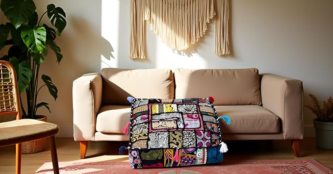 CRAFT KALA Indian Square Patchwork Traditional Pouf Cover Indian Living Room - Image 2