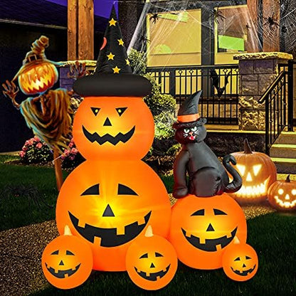 6 FT Halloween Inflatable Outdoor Decor with Ghost Pumpkin and Black Cat