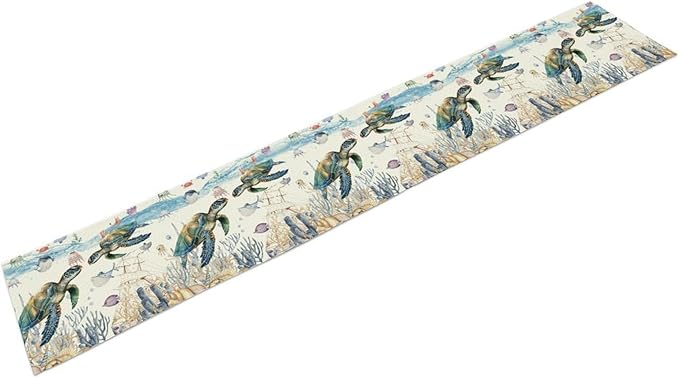 Watercolor Sea Turtle Table Runner Teal Blue Ocean Funmy Animal Octopus - Image 7