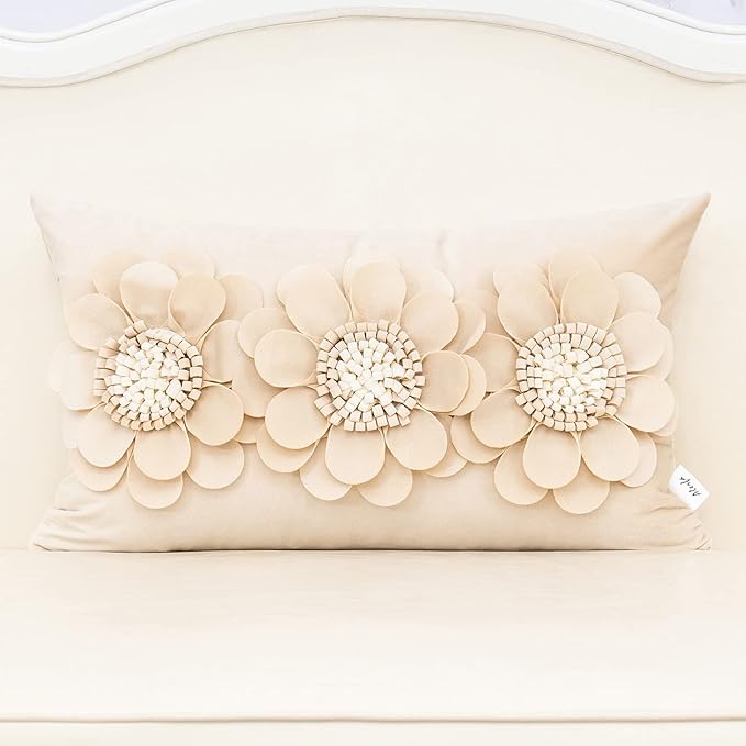 Alerfa 3D Flower Handmade Throw Pillow Cover Decorative Beige Velvet Pillowcase by Alerfa