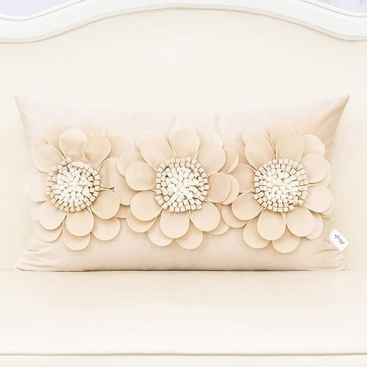 Alerfa 3D Flower Handmade Throw Pillow Cover Decorative Beige Velvet Pillowcase by Alerfa