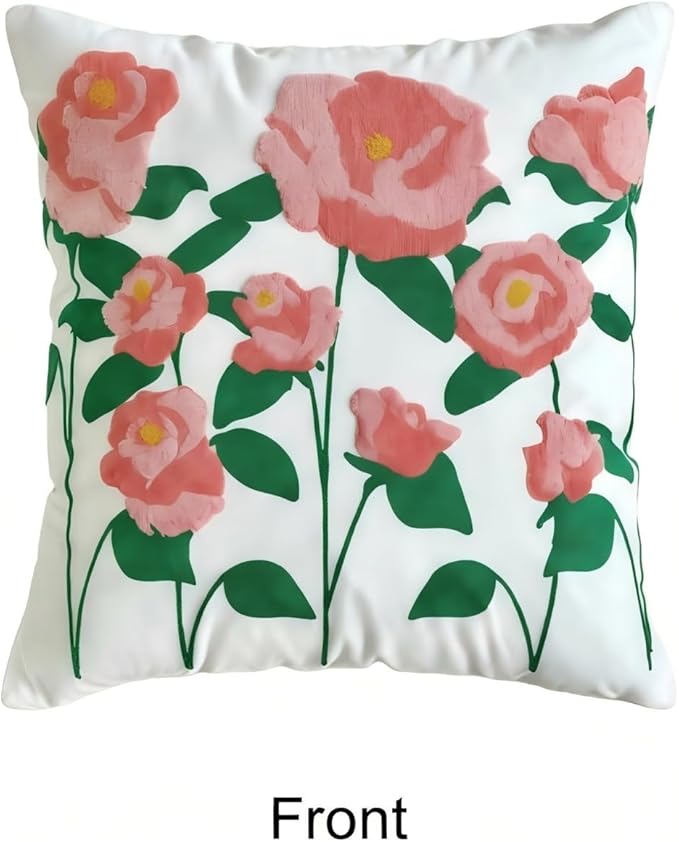 18x18 Embroidered Throw Pillow Cover – Pink Rose Cotton Decorative Cushion Cover - Image 2